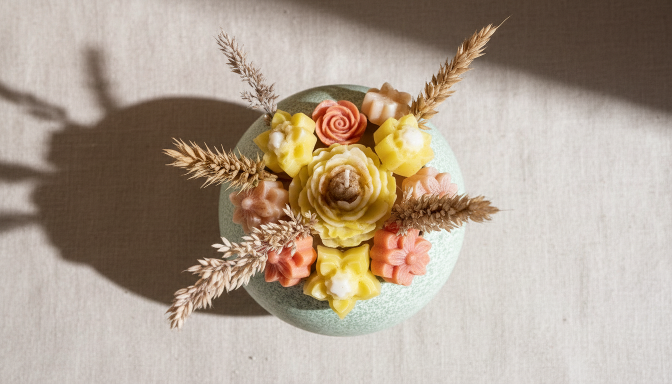 Ramo botánico artesanal en parafina vista cenital — regalos de parafina artesanales